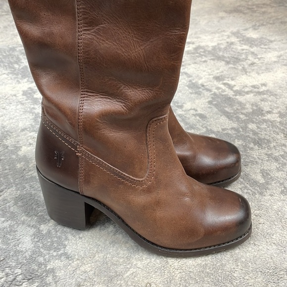 Frye Kendall Distressed Over The Knee Riding Boots Brown Leather Heeled Sz 5.5 - Picture 9 of 16